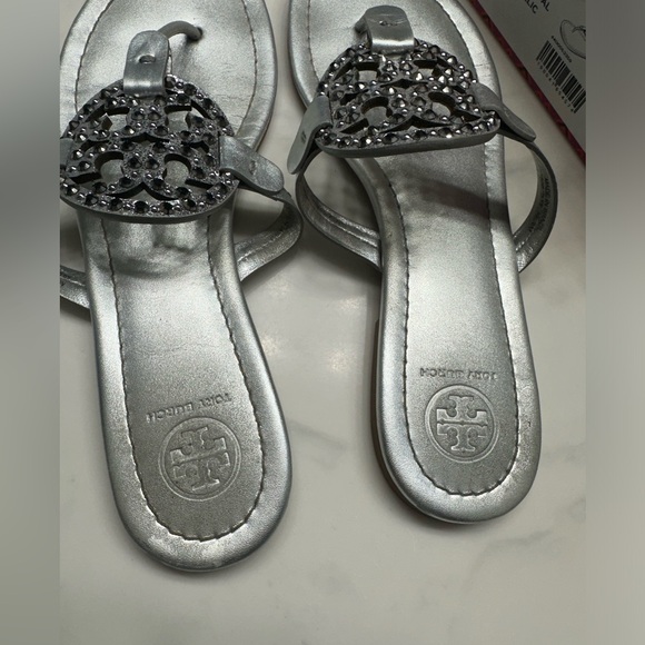 Tory Burch Miller Embellished Sandal-Metallic Suede Veg Leather #8 - Picture 2 of 15